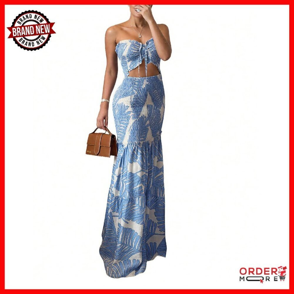 Floral Prom Dress Tie Ruched Bandeau Slim Fit Ruffle Hem Formal Gown